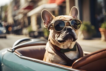 Close-up of a humorous French bulldog riding a pedal car while wearing goggles