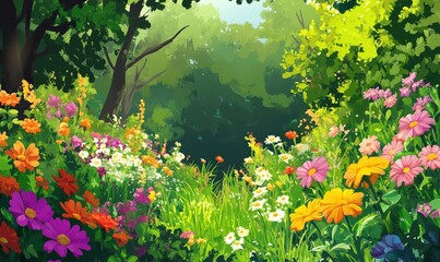 Obraz premium Vibrant flower garden with lush greenery, colorful blooms, and sunlight filtering through trees