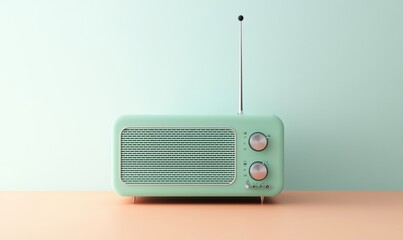 Vintage mint green radio with antenna, knobs, and speaker grill, minimalist design, pastel background