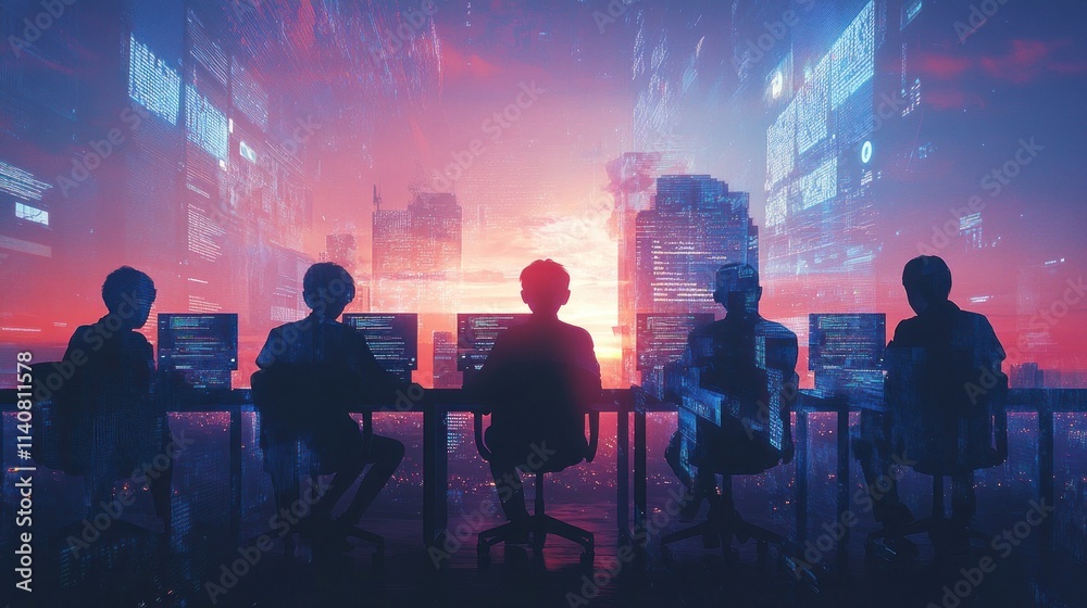 Poster silhouettes of individuals working on computers against a vibrant cityscape at sunset.