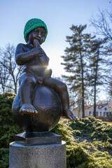 Statue of boy sitting with a fish, symbol of Frantiskovy lazne spa, UNESCO World Heritage Site,...