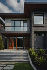 Modern two-story house with dark grey stone exterior, wooden accents, large windows, a balcony, and a wooden front door.  Stone steps lead to the entrance. Landscaping includes green grass and plants.