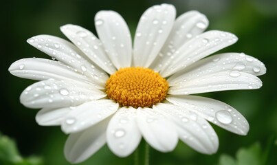 Fototapeta premium Daisy flower with water droplets, vibrant white petals, yellow center, lush green background, fresh and natural appearance