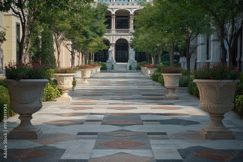 Poster a serene courtyard with ornamental planters and a patterned stone pathway.