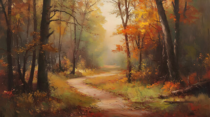Fototapeta premium A serene forest path surrounded by vibrant autumn foliage and soft morning light.