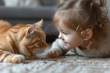 Child caucasian girl is laying on the floor next to a red cat