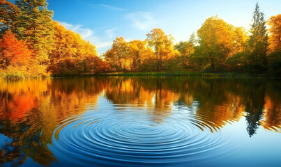 Fototapeta premium A serene autumn landscape reflecting vibrant colors in a calm lake.