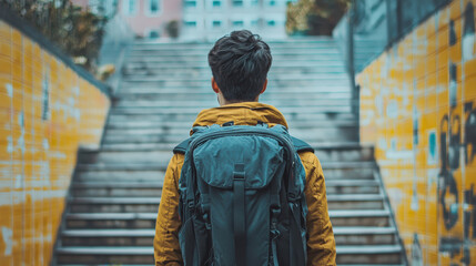 Fototapeta premium Young Hiker in Yellow Jacket Stands Before Urban Steps with Backpack, Exploring Adventure and Urban Landscape, Travel and Exploration Concept