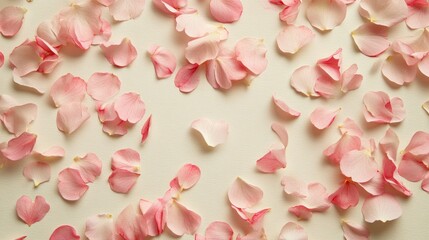 Falling Petals on Smooth Paper a spring-inspired background featuring scattered cherry blossom petals in pink and white gently floating across a plain light beige paper texture.