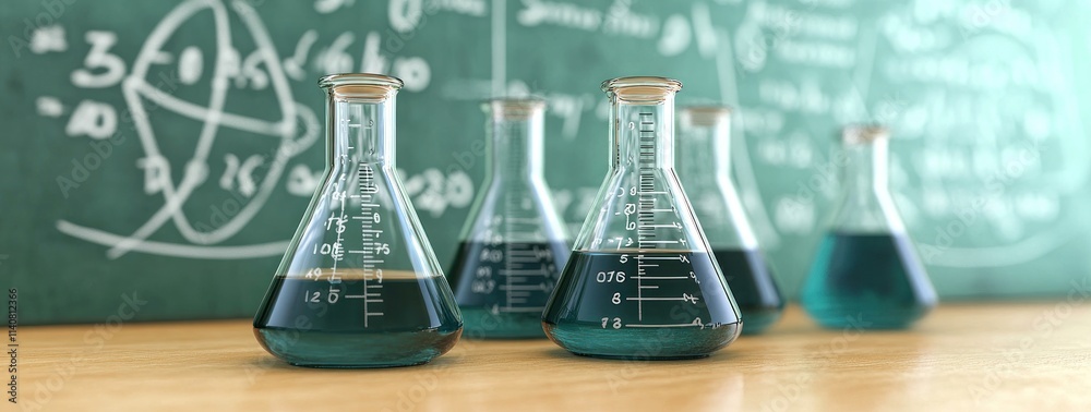 Aufkleber laboratory scene with glass flasks containing blue liquids on a wooden surface and chalkboard.