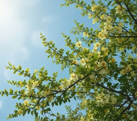 Obraz premium Individual branches with blooming flowers and leaves in shades of green and yellow against the pale blue of the sky, natural, branch, outdoor