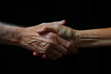 Fototapeta premium Two elderly hands clasped together, dark background.
