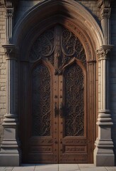 Obraz premium Intricately carved wooden door with Gothic architectural details, wooden hinges , cathedral doors, ancient church building