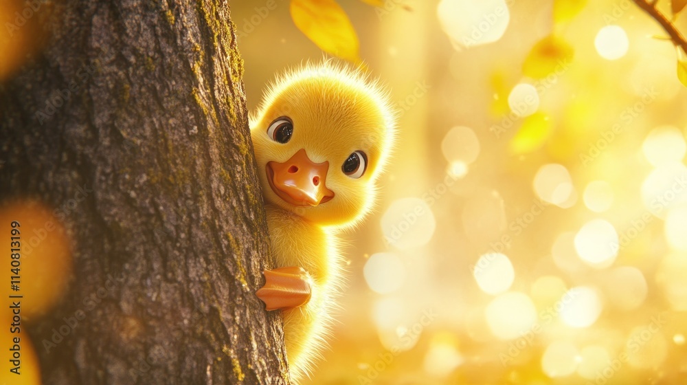Poster a cute duckling peeks from behind a tree in a warm, sunlit forest setting.