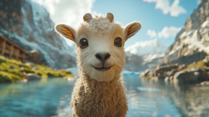 Obraz premium Cute baby goat near a mountain lake, smiling at camera.