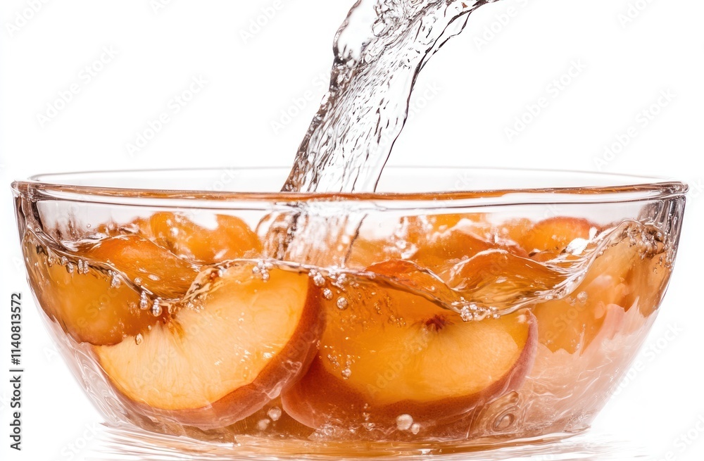 Poster fresh peaches in a bowl with water pouring over them, creating a refreshing scene.