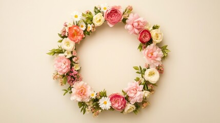 Floral Wreath on Plain Canvas Design a minimalistic wreath of roses, peonies, and daisies in soft spring colors, encircling a plain cream paper texture, leaving space for text in the center.