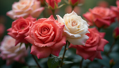 Fototapeta premium Beautiful fresh roses in various colors with droplets on petals captured in a garden setting with copy space