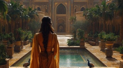Golden-robed woman, palace courtyard, peacocks, pool.