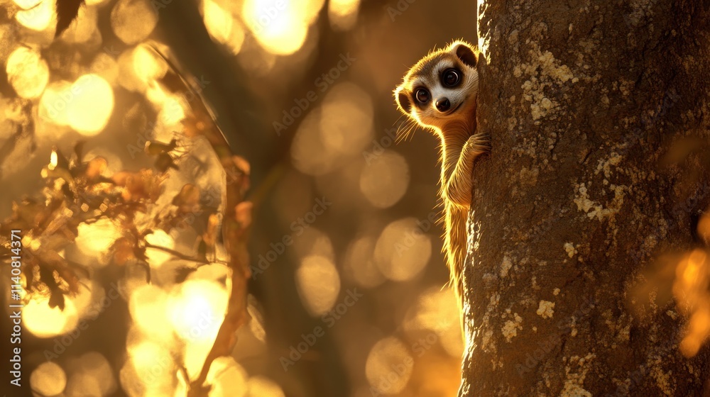 Poster a curious meerkat peeks from behind a tree, illuminated by warm sunlight.
