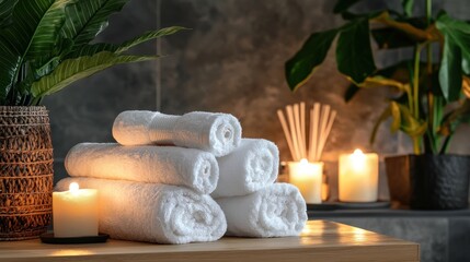 A serene luxury bathroom with ambient lighting, plush towels, and stylish decor for a spa-like experience