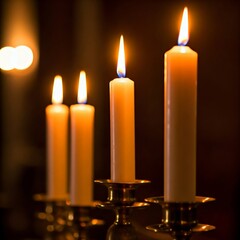 Advent candles glowing warmly, with four candlelights sparkling in a church setting, surrounded by glittering light, creating a peaceful and spiritual holiday atmosphere