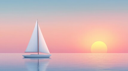 Fototapeta premium A serene seascape featuring a sailboat on calm waters against a pastel sunset background.