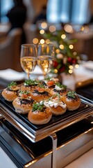 Three sweet buns with sprinkled toppings are beautifully arranged on a wooden plate, accompanied by creamy dressings in small bowls