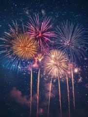 Colorful of fireworks display on milkyway in night sky background.