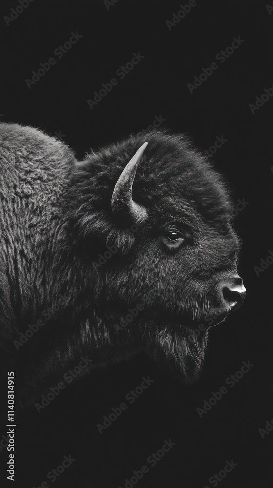 Poster a close-up of a bison's head against a dark background, showcasing its features.