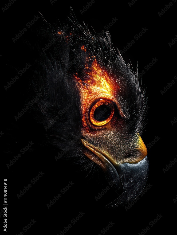 Poster a stylized bird's head with fiery elements, creating a dramatic and artistic effect.