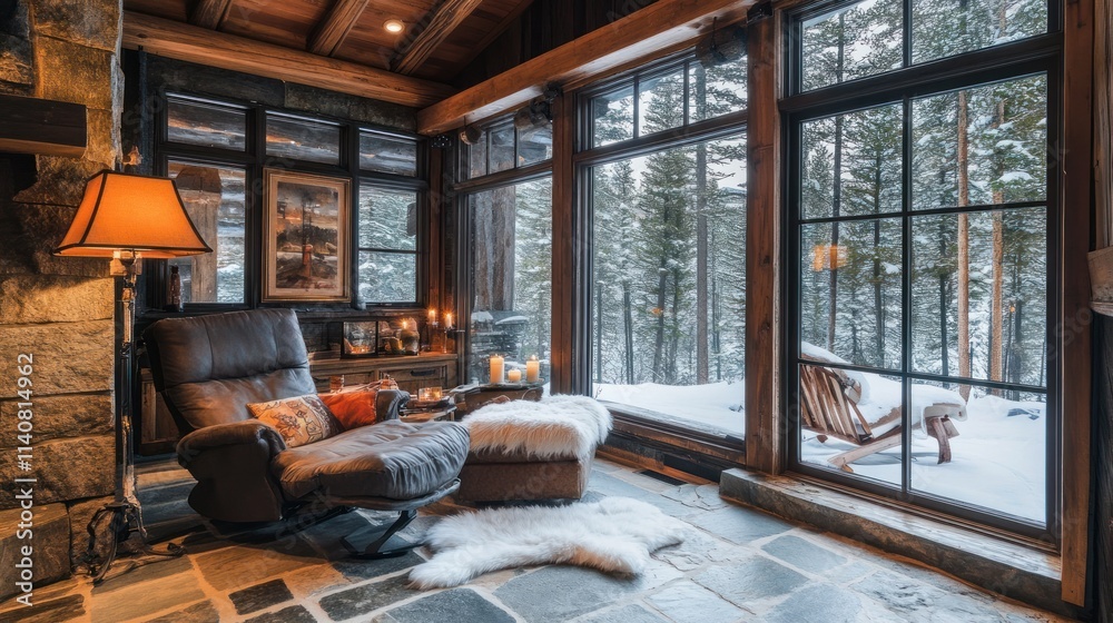 Poster cozy winter retreat with a view of snowy trees through large windows.