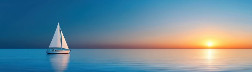 A serene sunset over calm waters with a lone sailboat, creating a tranquil and picturesque scene.