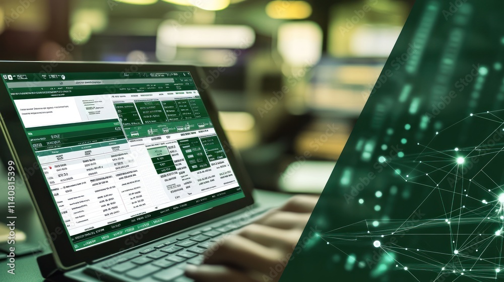 Poster A laptop displays data analysis with a focus on financial metrics and digital graphics.