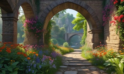 Fototapeta premium Lush greenery and vibrant flowers line pathways under arches of historic bridge crossing over river , countryside, riverside, arched bridge