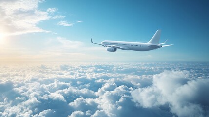 Airplane Soaring Above Clouds - Journey, freedom, travel, adventure, escape.  A plane flies high above fluffy clouds in a bright sky.