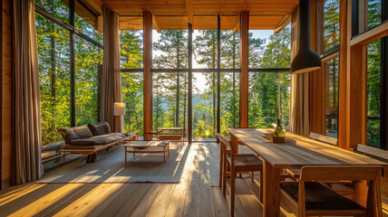 Obraz premium A peaceful forest retreat with light wooden interiors, featuring large glass windows that open to a breathtaking view of a lush forest landscape.