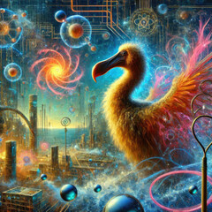 In fantastic landscapes the Dodo bird with its feathers