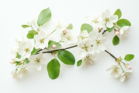 Pale pink cherry blossoms bloom gracefully on a branch with fresh green leaves against a clean white background. This elegant and romantic arrangement captures the essence of springtime beauty.