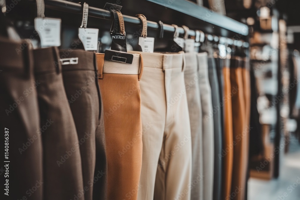 Poster a display of various pants hanging on racks in a retail store.