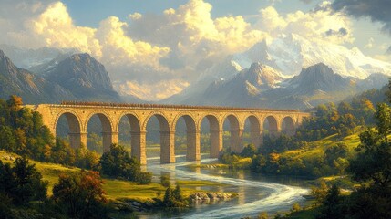 Obraz premium Stone bridge spans river valley, people cross, mountains loom.