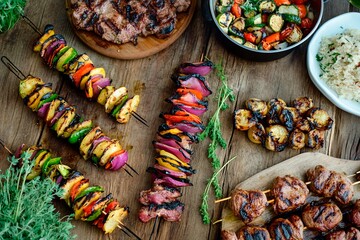 Grilled skewers and vibrant vegetables create a festive outdoor feast