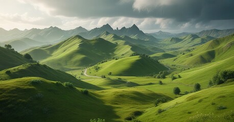 Naklejka premium Miniature green landscape with small hills and valleys , rural life, miniatures, terrain