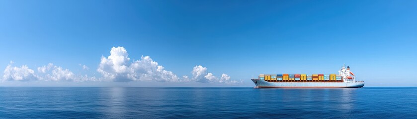 A large cargo ship sails across calm waters under a clear blue sky, with fluffy white clouds in the distance, reflecting a serene maritime scene.