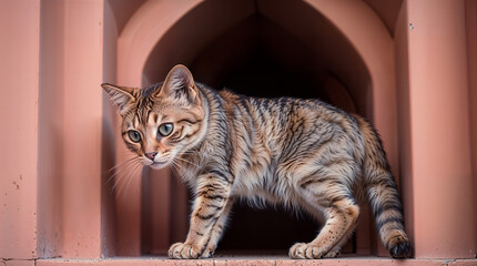 tabby cat is inside a reddish-brown alcove or niche