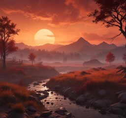 Naklejka premium Misty evening landscape with a deep orange-red glow , mystical atmosphere, misty mountains, serene landscapes