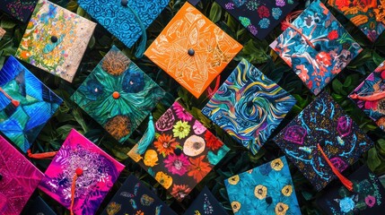 A vibrant collection of graduation caps decorated with personal designs and messages, showcasing individuality