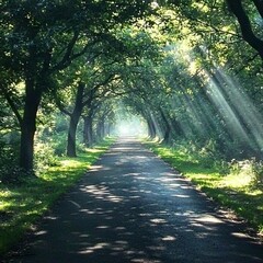 A serene pathway lined with trees, illuminated by soft sunlight beams.