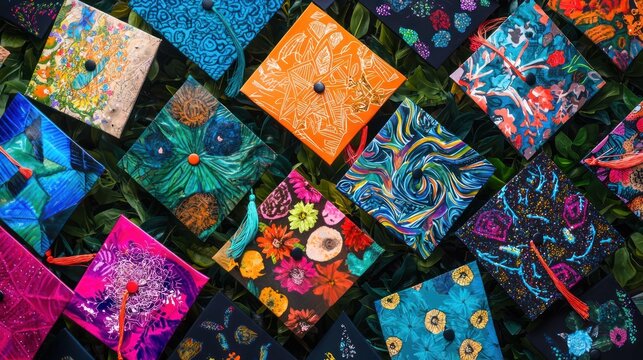 A vibrant collection of graduation caps decorated with personal designs and messages, showcasing individuality