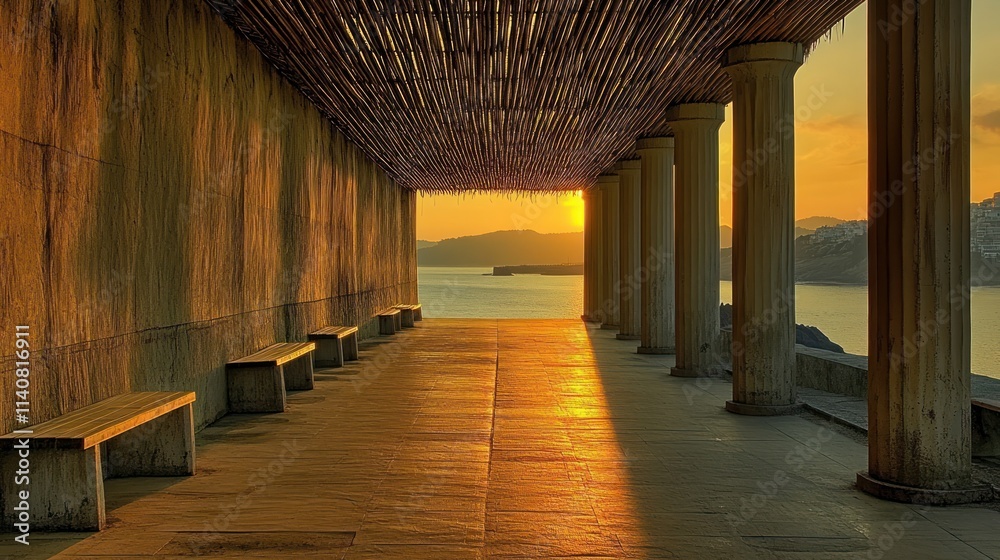 Poster a serene architectural space with columns and benches, illuminated by a sunset over water.
